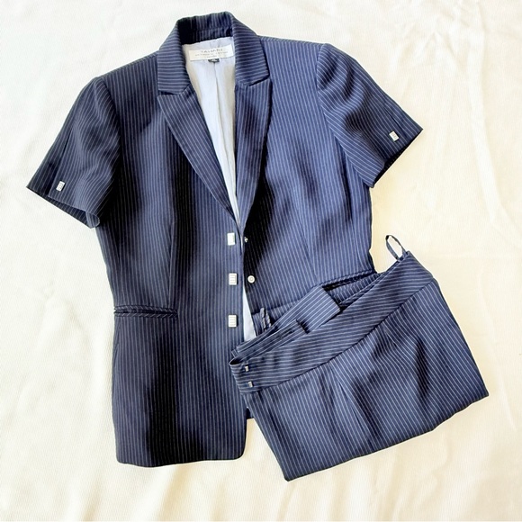 Tahari Womens Petite Jacket Pants Set Striped Office Casual Short Sleeve 4P - Picture 1 of 6